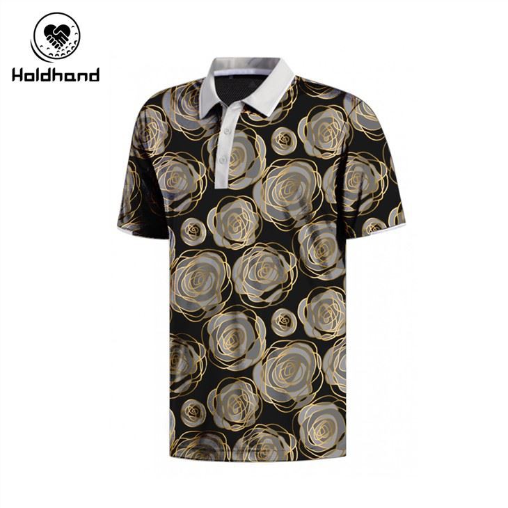 Gold Rose Floral Print Polo Black Polo Shirt